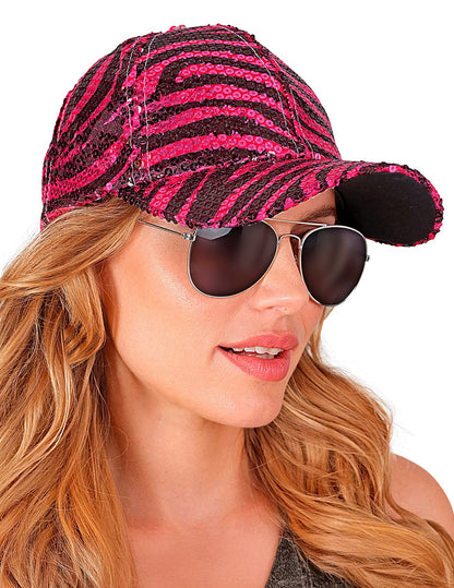 Růžová flitrovaná čepice pro dospělé s tygřím vzorem