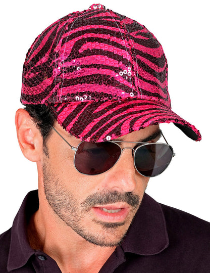 Růžová flitrovaná čepice pro dospělé s tygřím vzorem
