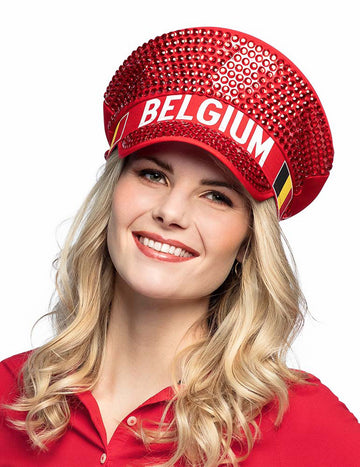 Casquette à strass supporter Belgique pour adulte rouge avec inscription BELGIUM