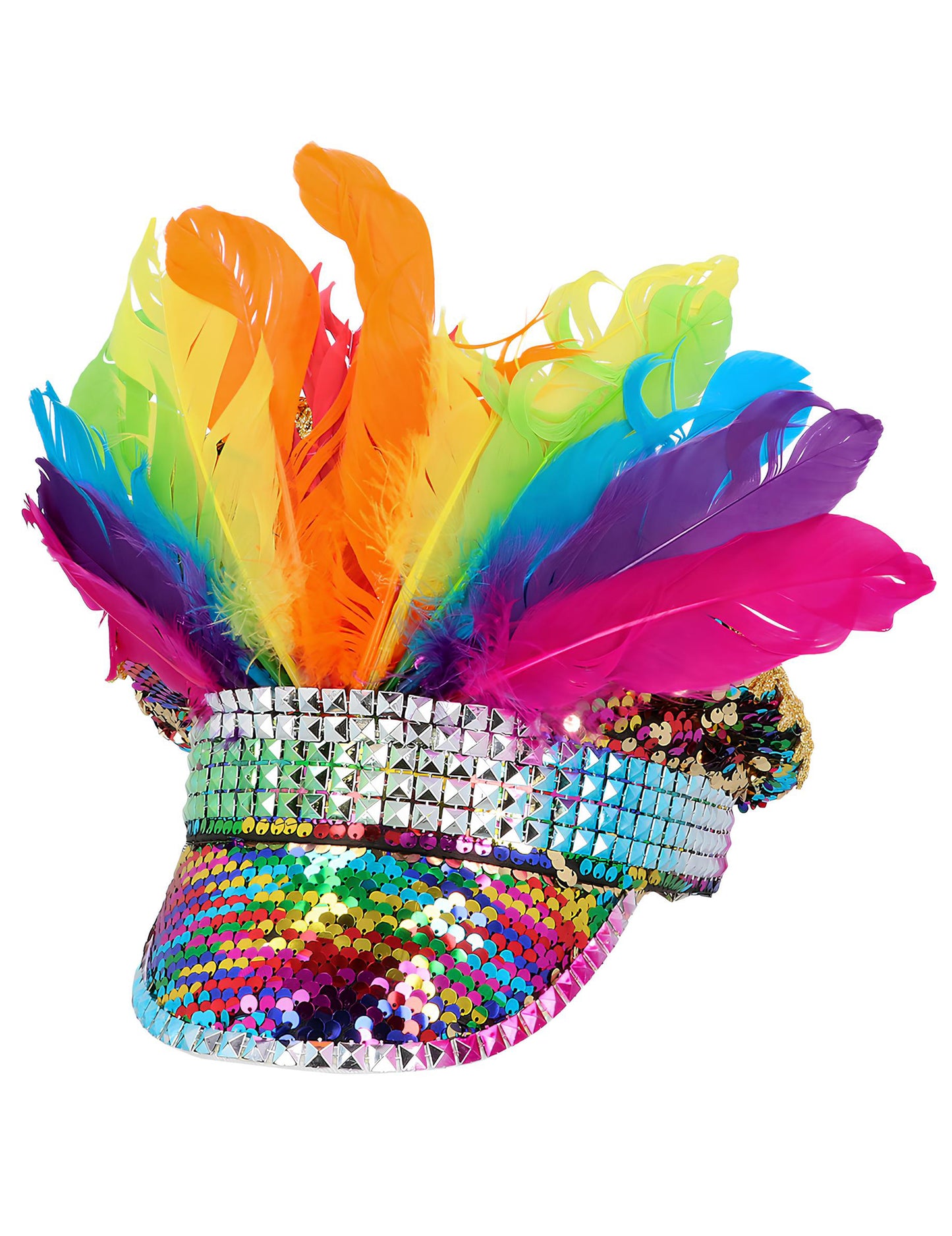 Duhová čepice s flitry a peříčky pro dospělé
