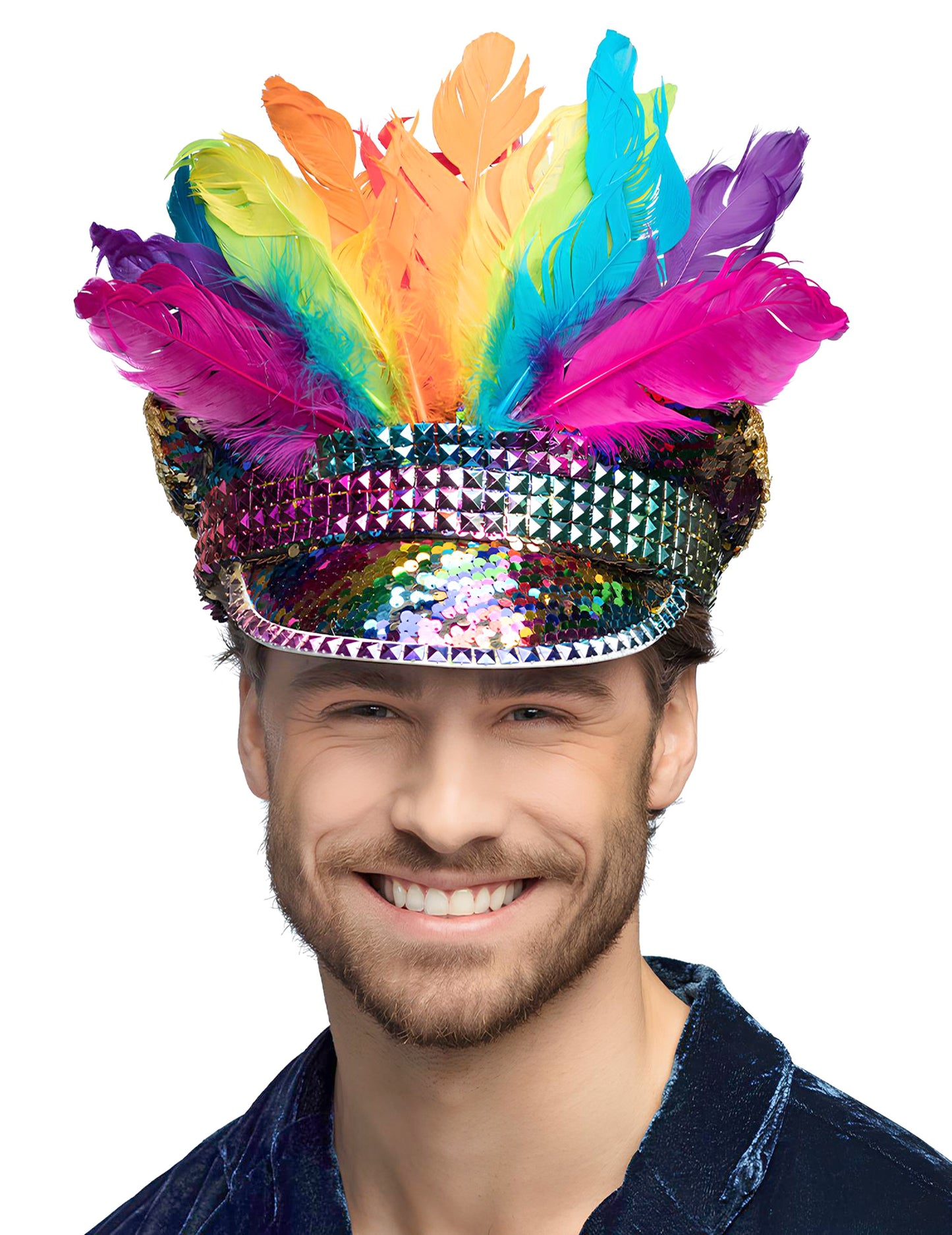 Duhová čepice s flitry a peříčky pro dospělé