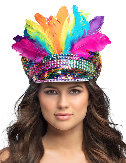 Duhová čepice s flitry a peříčky pro dospělé