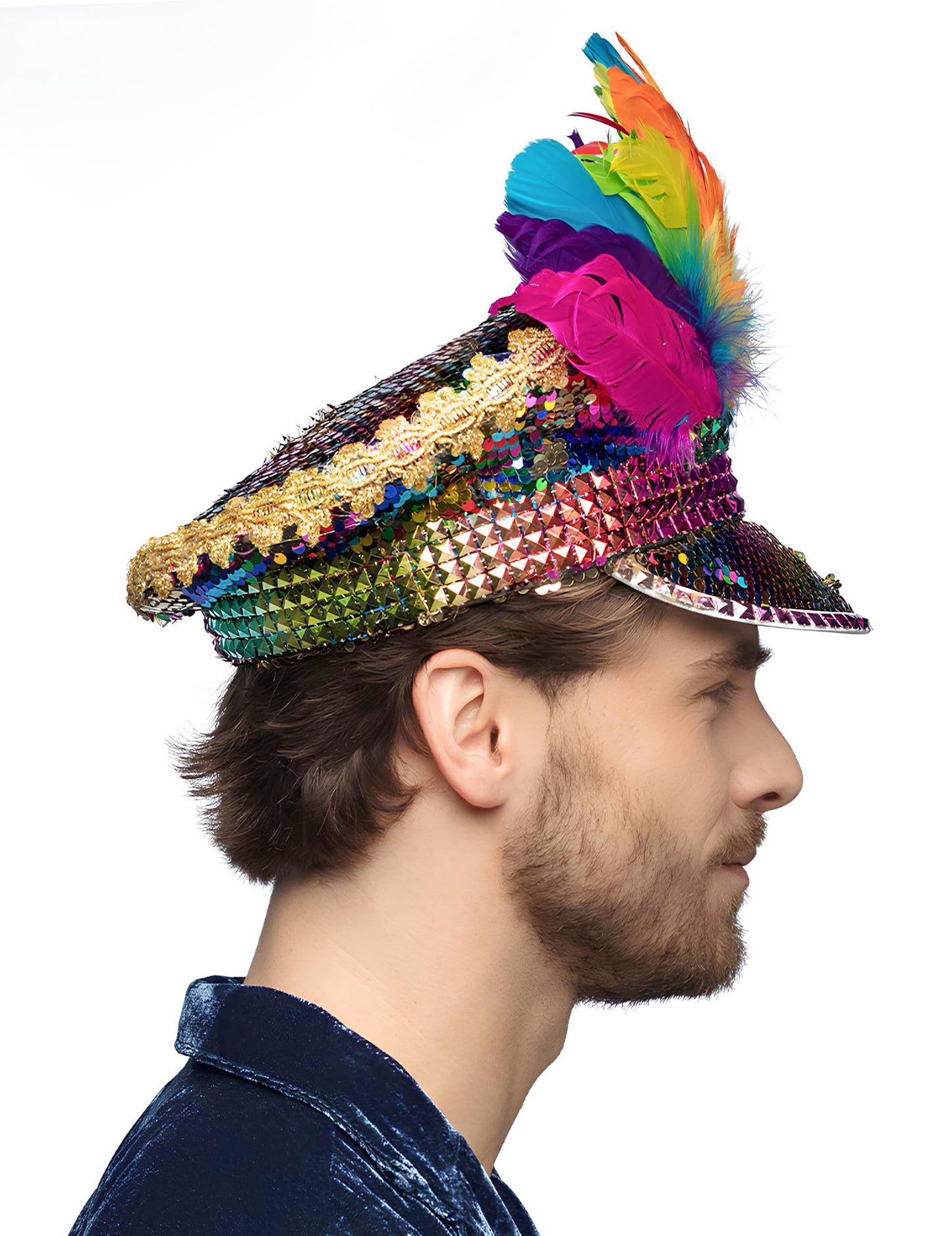 Duhová čepice s flitry a peříčky pro dospělé