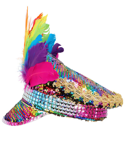 Duhová čepice s flitry a peříčky pro dospělé