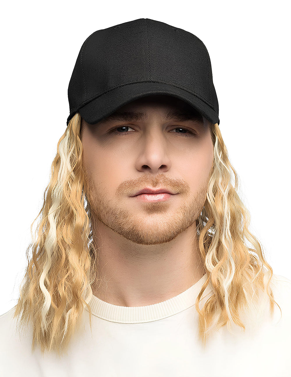 Casquette avec perruque blonde pour homme noire et ondulée