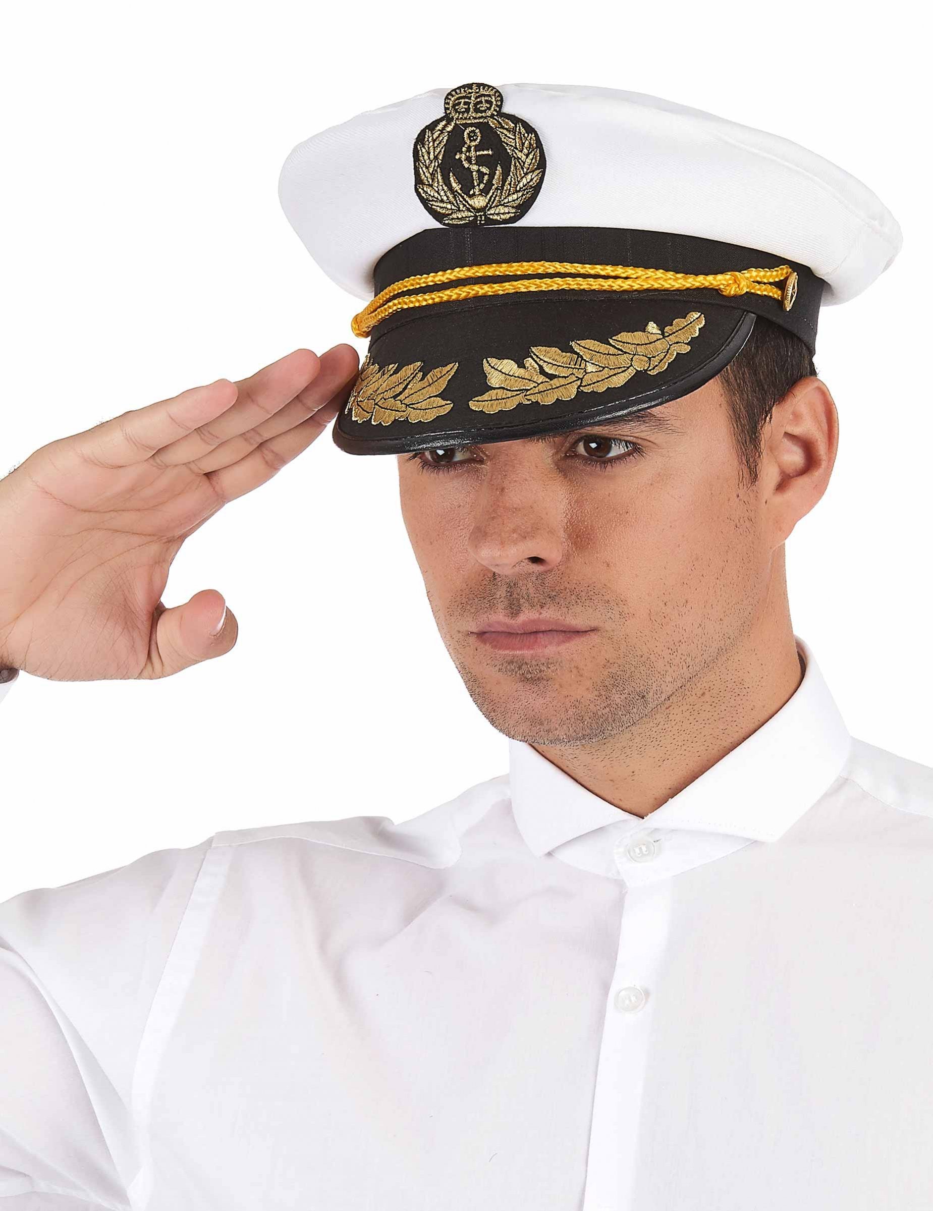 Casquette capitaine marin pour adulte blanche et noire avec broderies dorées