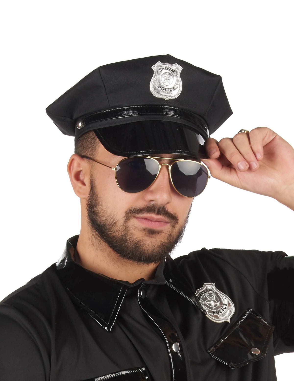 Černá policejní čepice pro dospělého se stříbrná nášivkou