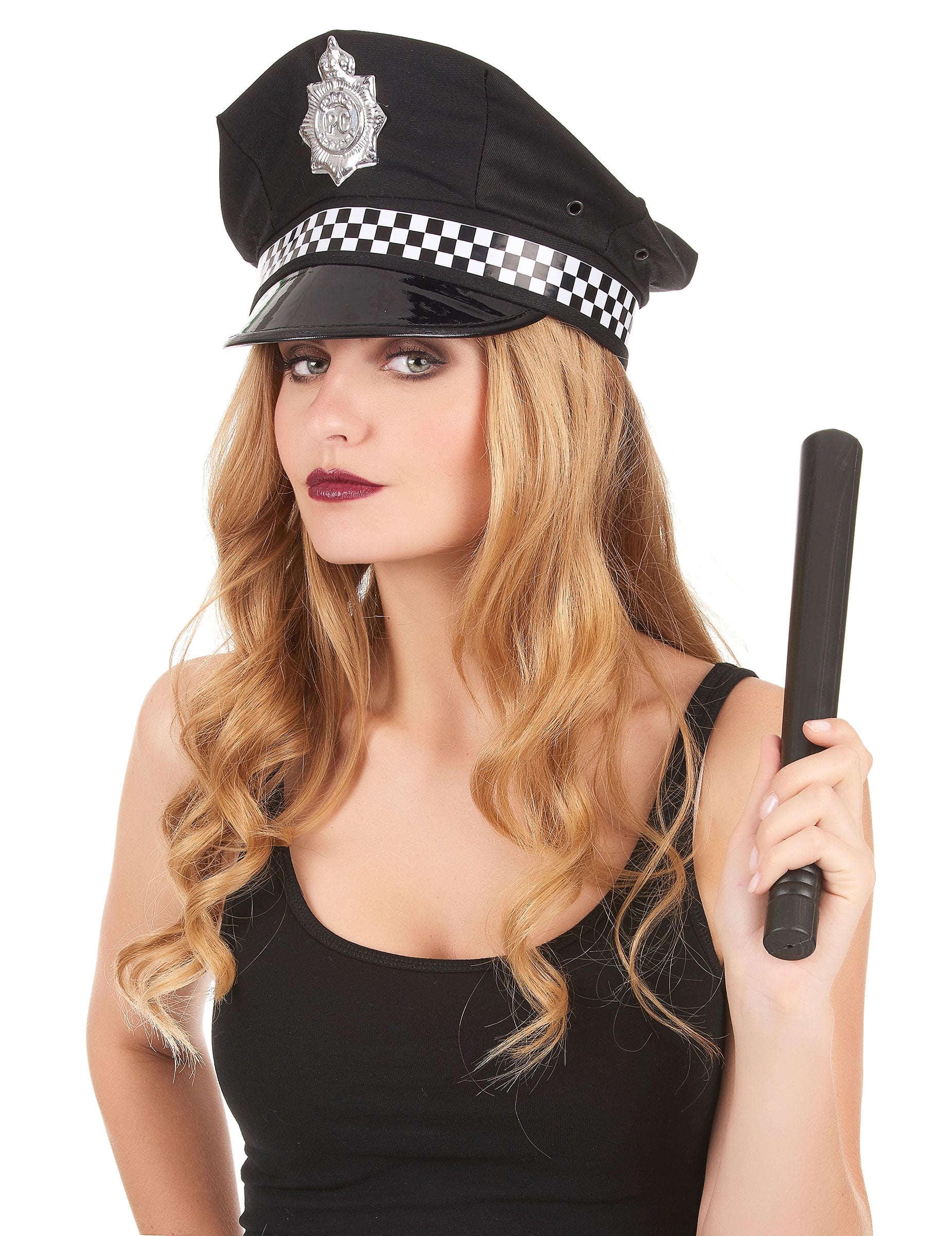 Vue de face de la casquette policier anglais pour adulte avec matraque