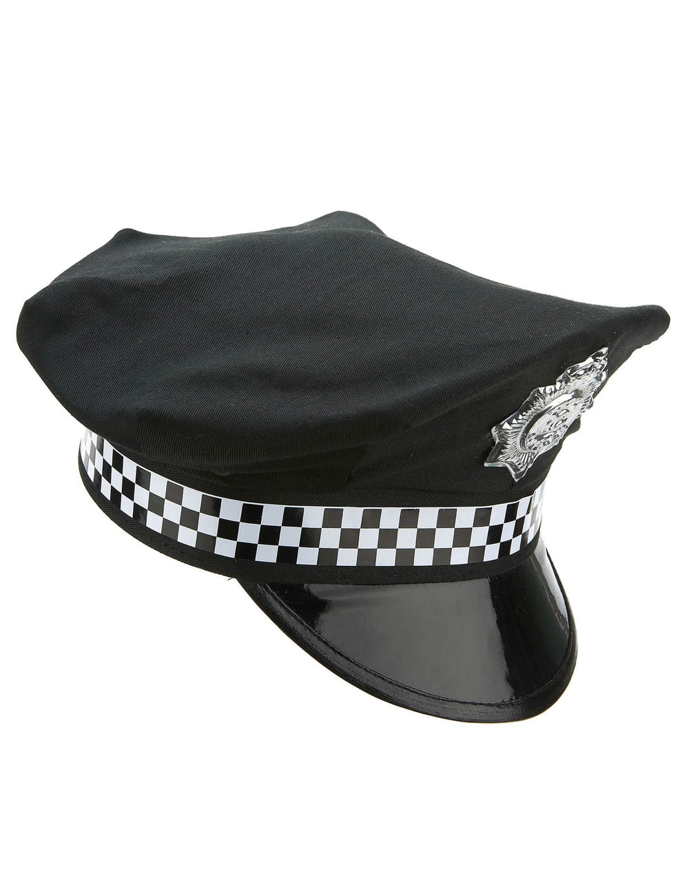 Anglická policejní čepice pro dospělý černá s kostkovaným páskem a stříbrnou insignií