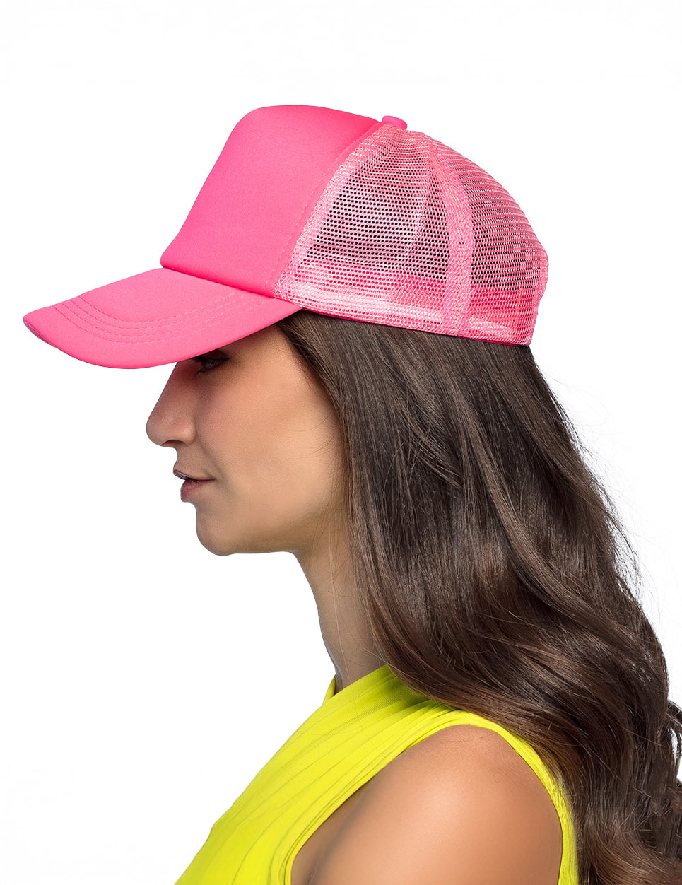 Vue de profil de la casquette rose fluo pour adulte