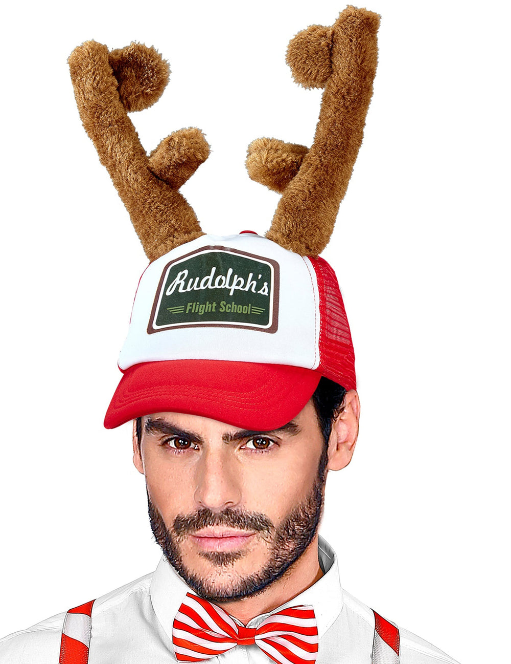Casquette Rudolph le renne pour adulte rouge et blanche avec bois de renne en peluche