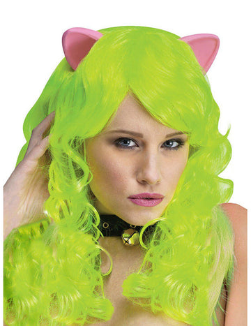 Neonová zelená elegantní paruka s kočičíma ušima