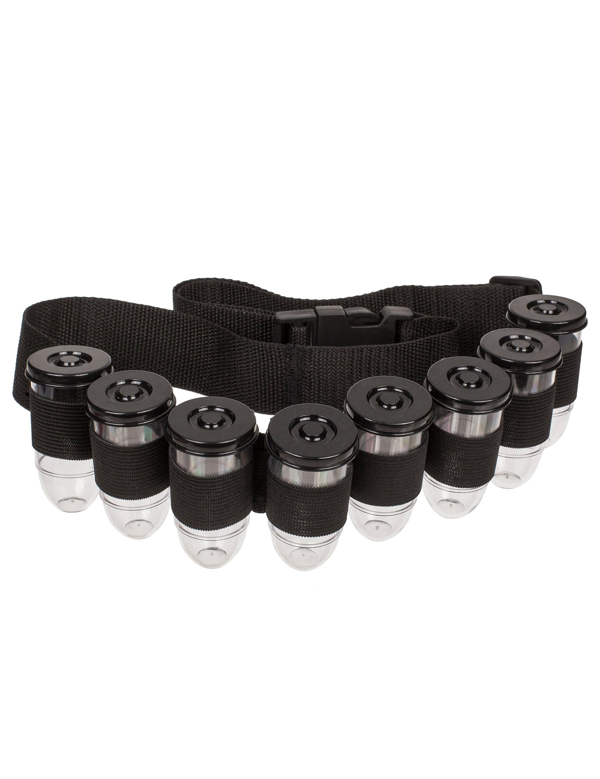 Détail des fioles et du système d'attache de la ceinture à shooters pour adulte