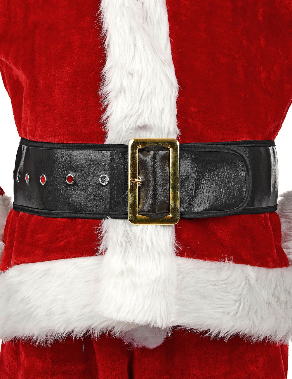 Détail de la boucle et des œillets de la ceinture large noire pour adulte