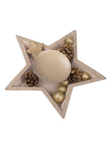 Dřevěný středový svícen hvězda třpytivý zlatý 24.5 cm na vánoce