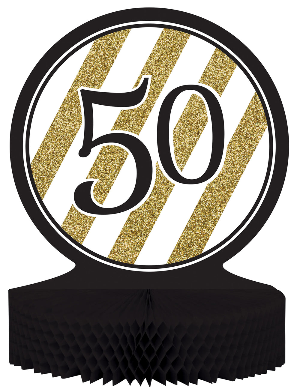 Centre de table en papier alvéolé 50 ans pour anniversaire noir et doré à rayures
