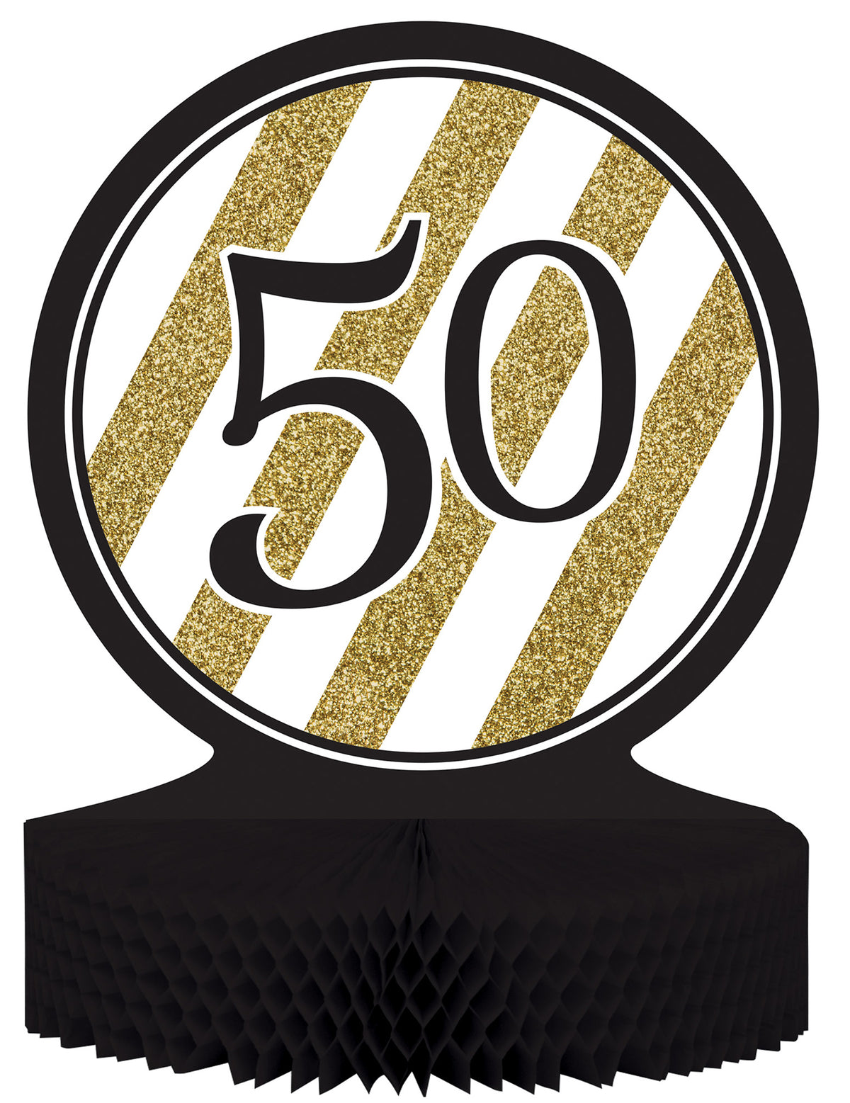Centre de table en papier alvéolé 50 ans pour anniversaire noir et doré à rayures