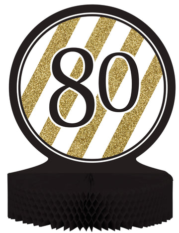 Středový papírový dekor k 80. výročí s černo-zlatými voštinovými vzory, 23 x 30 cm