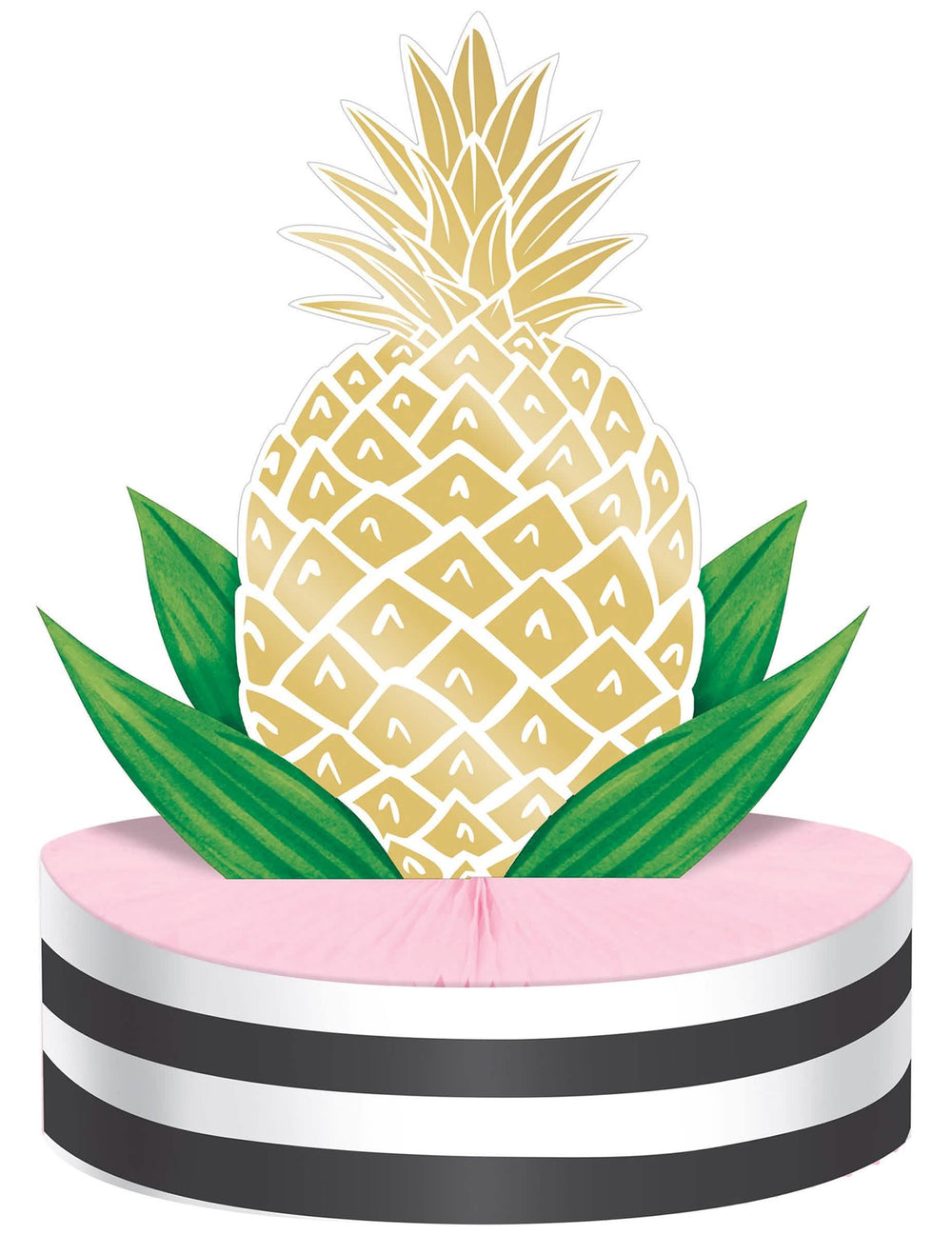 Středový dekorace z kartonu ve tvaru zlatá ananas na růžová oslavu, voštinová s černými pruhy