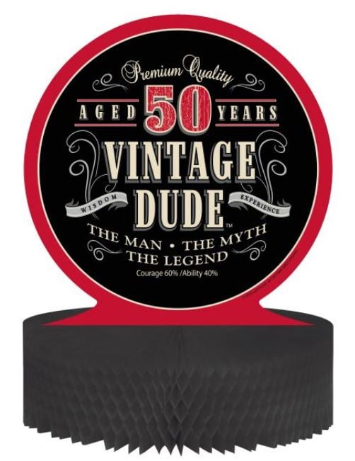 Centre de table en papier alvéolé anniversaire Vintage 50 ans pour homme noir et rouge Vintage Dude