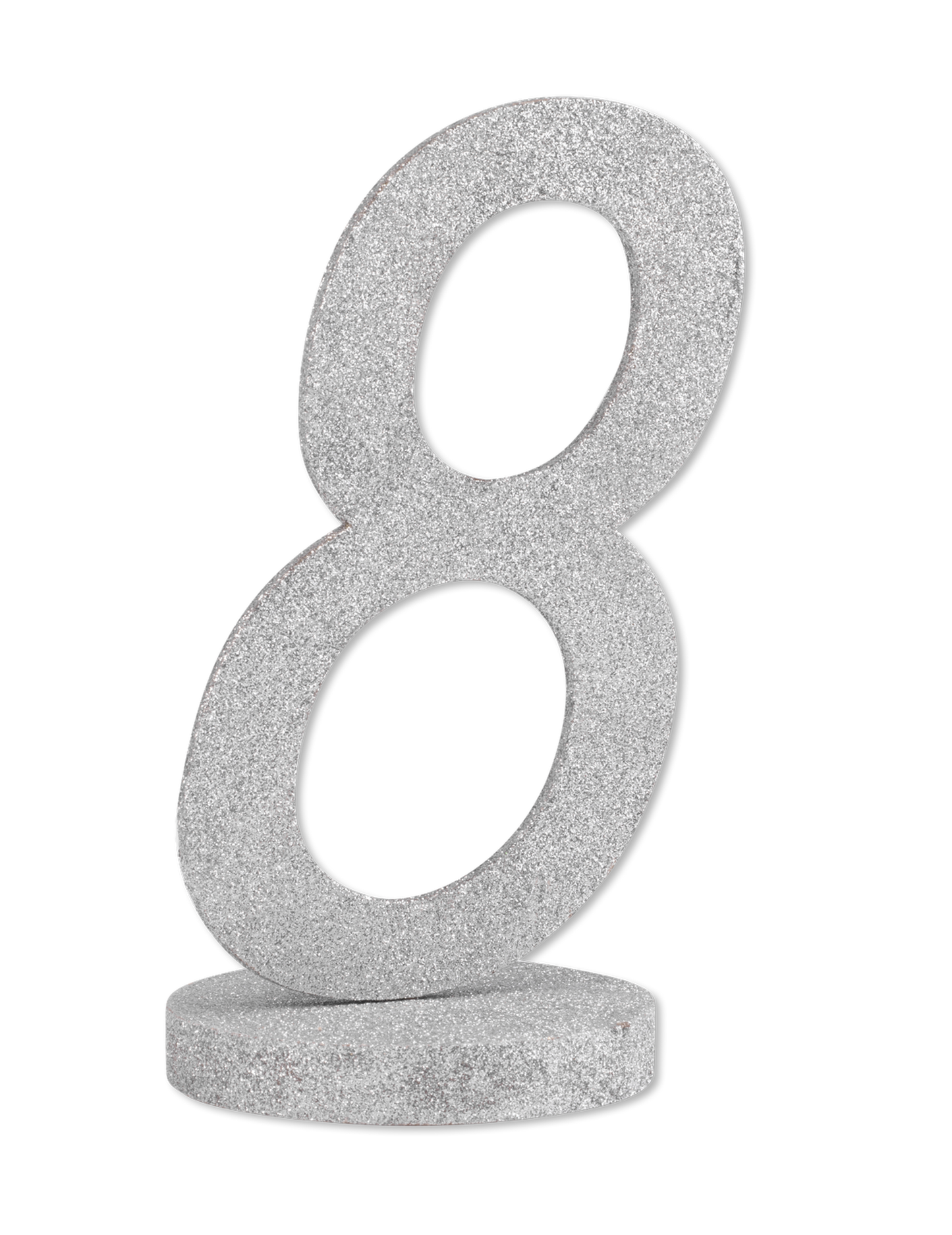 Středový díl číslo 8 stříbrné dřevo se třpytem 20 cm se základnou