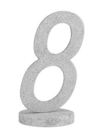 Středový díl číslo 8 stříbrné dřevo se třpytem 20 cm se základnou