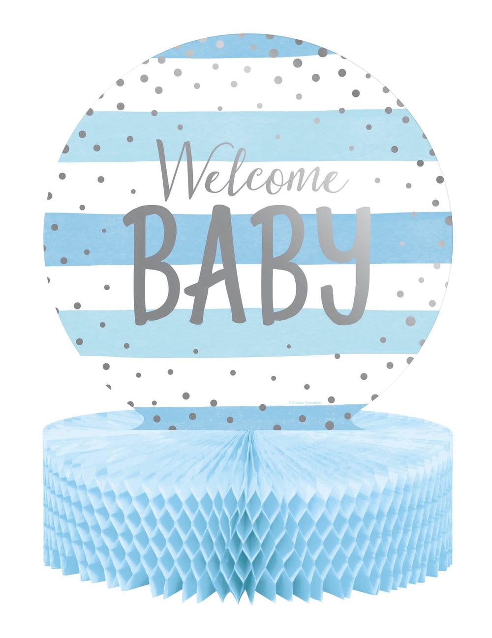 Stolní dekorace z papírových pláství Welcome Baby pro baby shower modrá a bílá