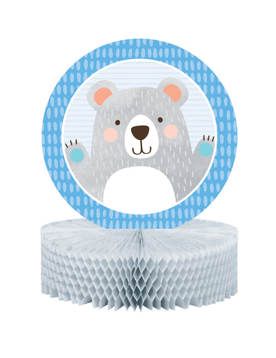 Centre de table en papier alvéolé petit ours pour baby shower gris et bleu
