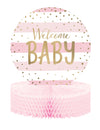 Centre de table en papier alvéolé Welcome Baby pour baby shower rose et blanc à pois dorés