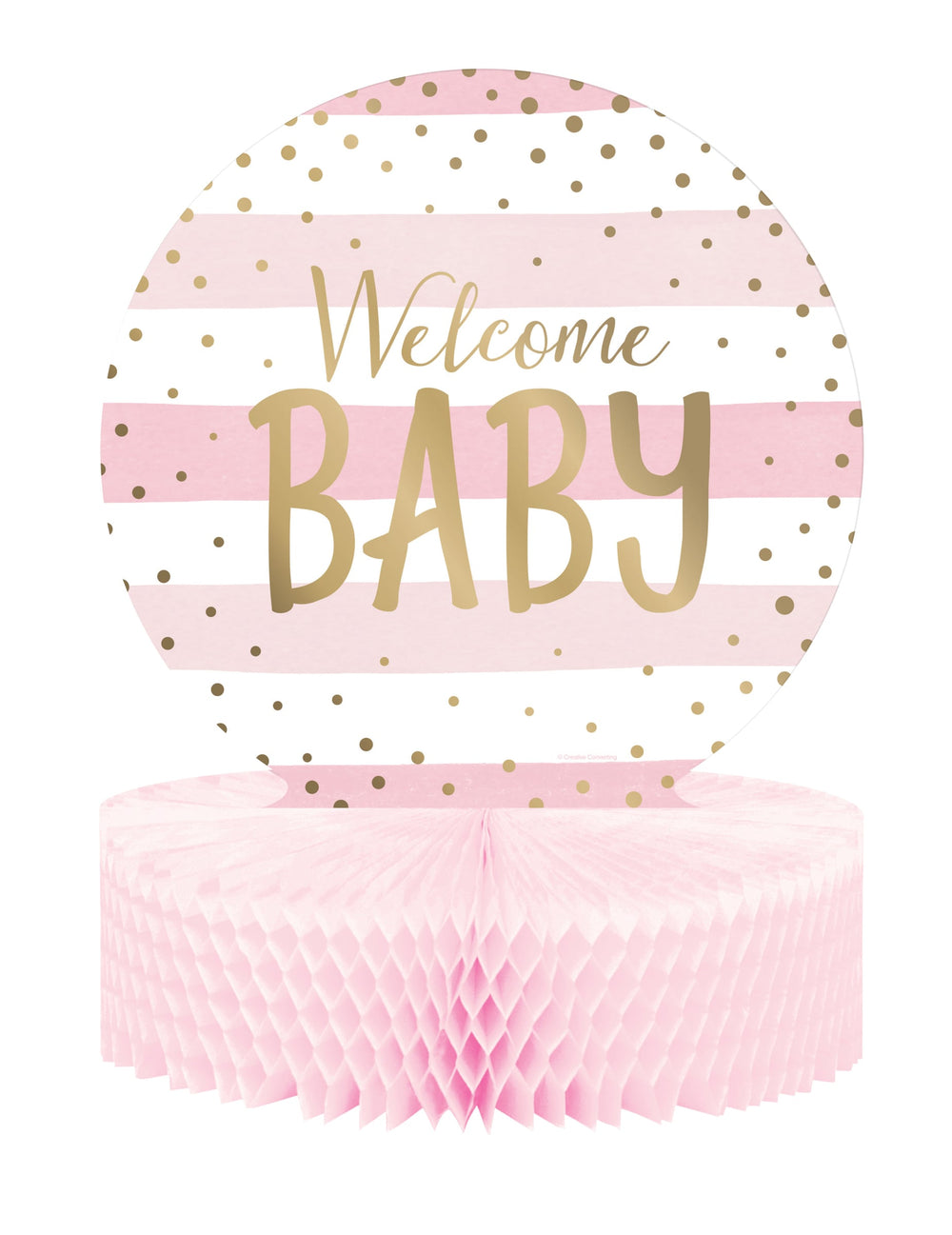 Centre de table en papier alvéolé Welcome Baby pour baby shower rose et blanc à pois dorés