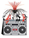 Centre de table ghetto-blaster années 80's boom box pour fête argenté avec notes de musique rouges et noires