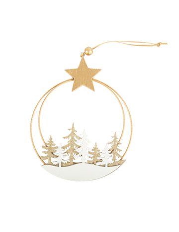 Zasněžený lesní závěsný kruh 16,5 x 19,5 cm se zlatou hvězdou