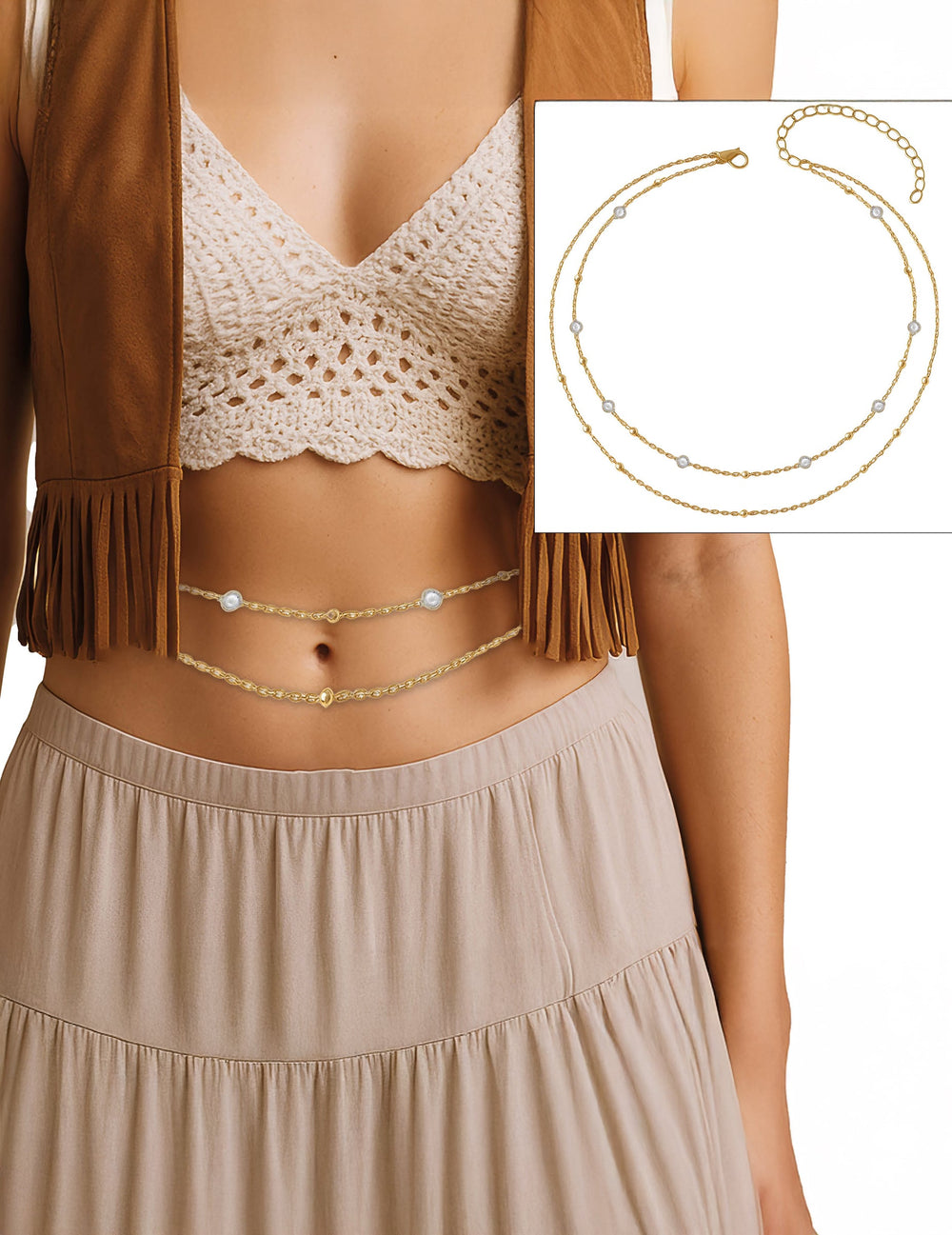 Chaine de taille avec pierres pour femme dorée à double rangée