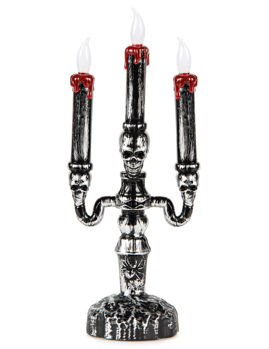 Chandelier à 3 branches LED Halloween pour décoration argent et noir avec têtes de mort et cire rouge