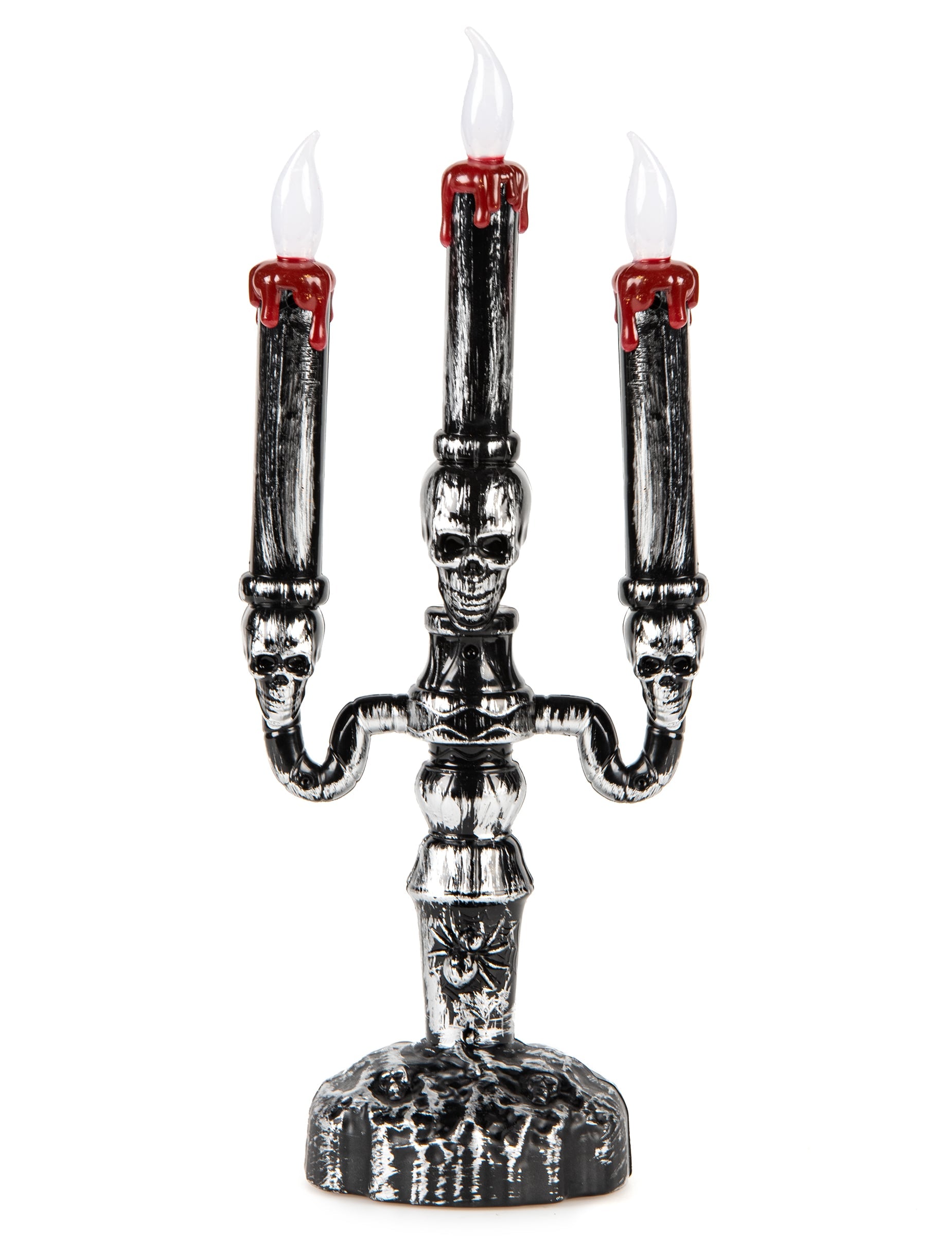 Chandelier à 3 branches LED Halloween pour décoration argent et noir avec têtes de mort et cire rouge