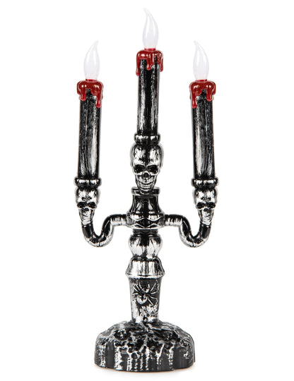 Chandelier à 3 branches LED Halloween pour décoration argent et noir avec têtes de mort et cire rouge