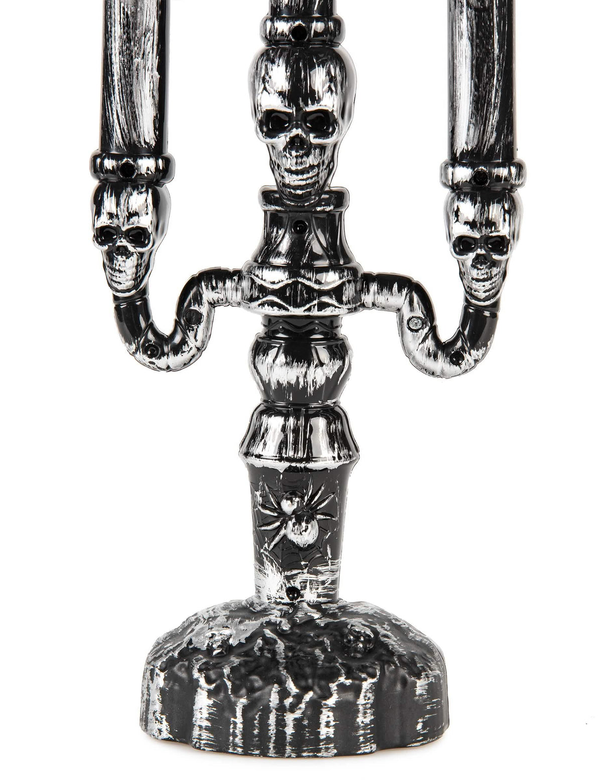 Détail du socle avec araignée et têtes de mort du chandelier à 3 branches LED Halloween