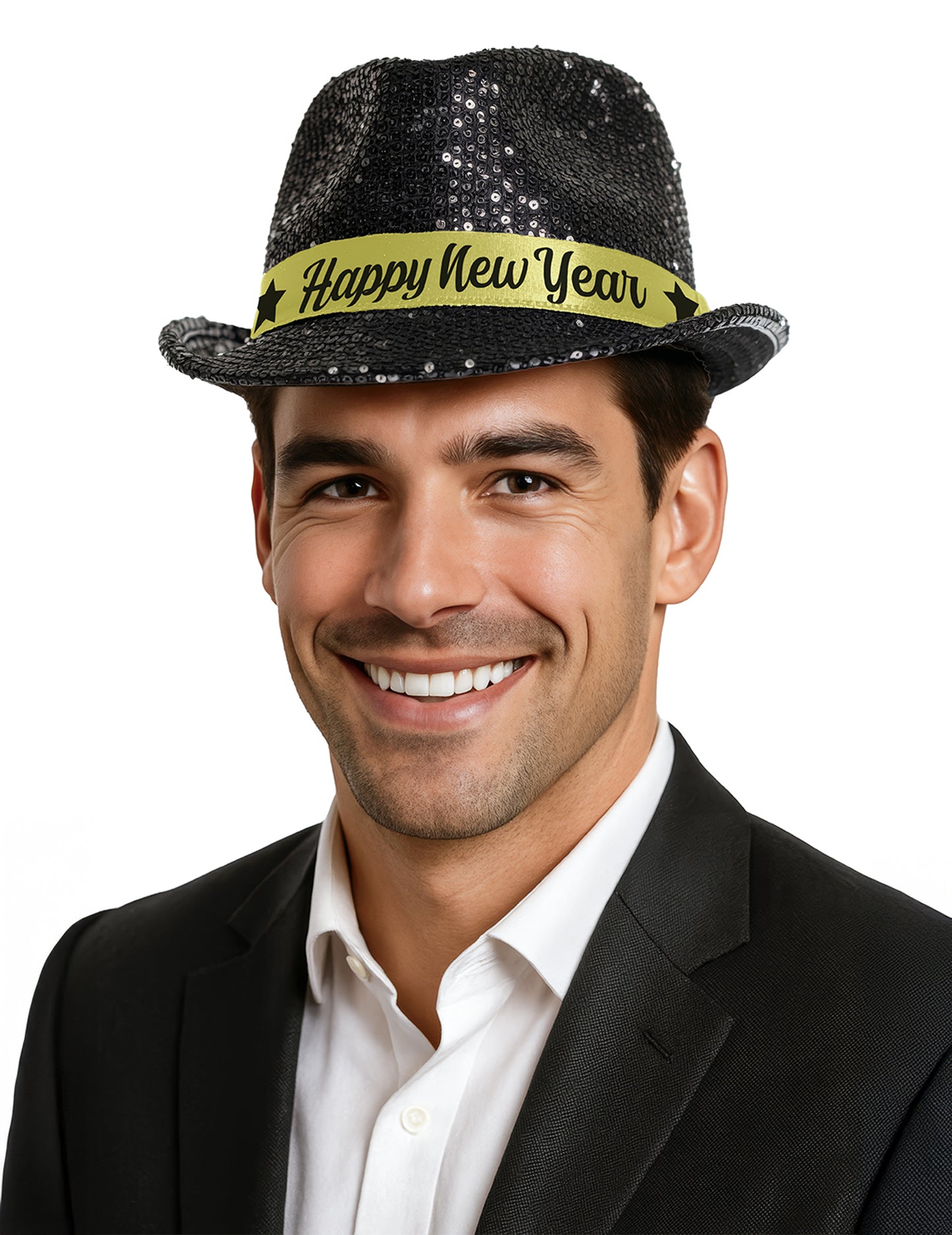 Černý flitrovaný klobouk pro dospělé s motivem Šťastný nový rok