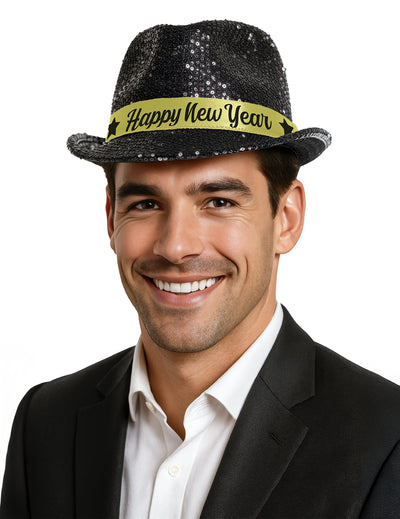 Chapeau à sequins Happy New Year pour adulte noir avec ruban doré