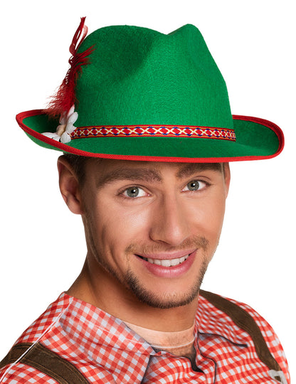 Chapeau bavarois à plume pour adulte vert avec liseré rouge et fleur blanche