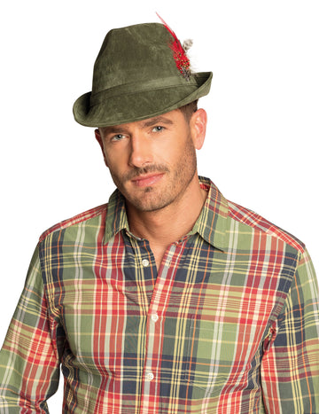 Bavorský klobouk s peřím pro dospělé v khaki zelené barvě