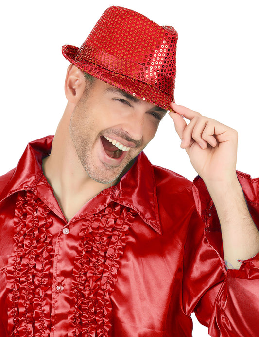 Vue portée du chapeau borsalino à sequins rouge