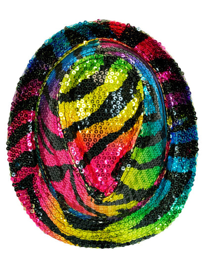 Dospělý vícebarevný flitrovaný klobouk borsalino s tygřími motivy