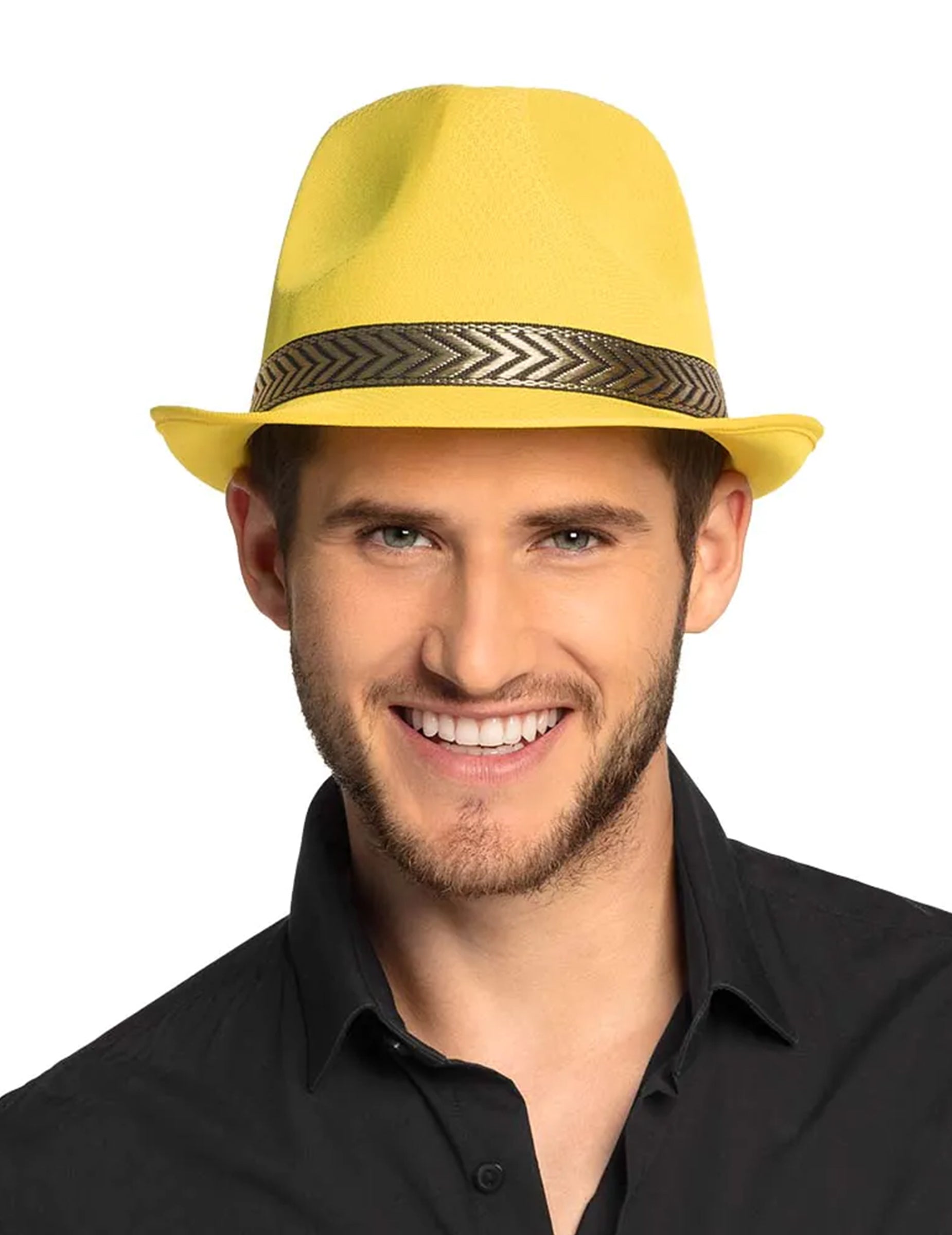 Chapeau borsalino trilby pour adulte jaune avec ruban à motifs chevron