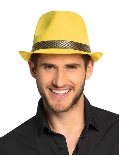 Chapeau borsalino trilby pour adulte jaune avec ruban à motifs chevron