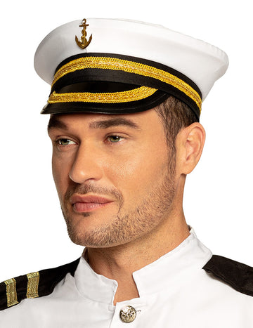 Chapeau de capitaine marin pour adulte blanc avec ancre dorée et galon or