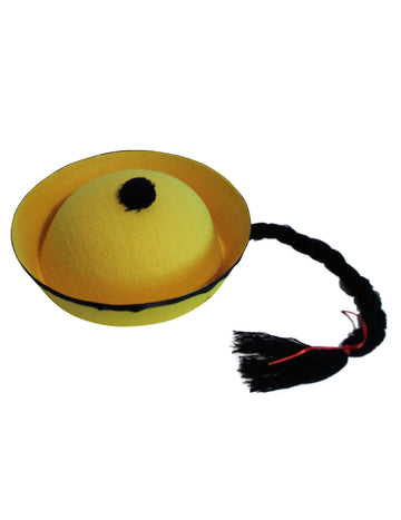 Chapeau chinois pour adulte jaune avec tresse noire