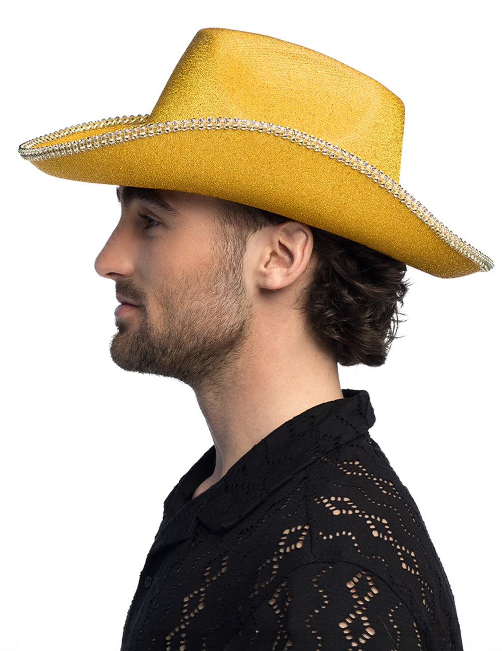 Vue de profil du chapeau cowboy pour adulte à paillettes dorées