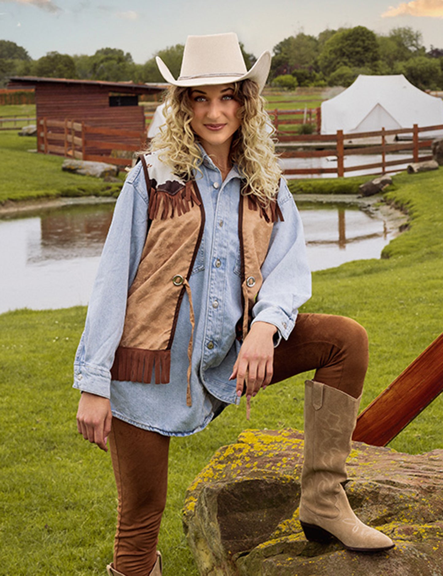 Béžový kovbojský klobouk pro dospělé