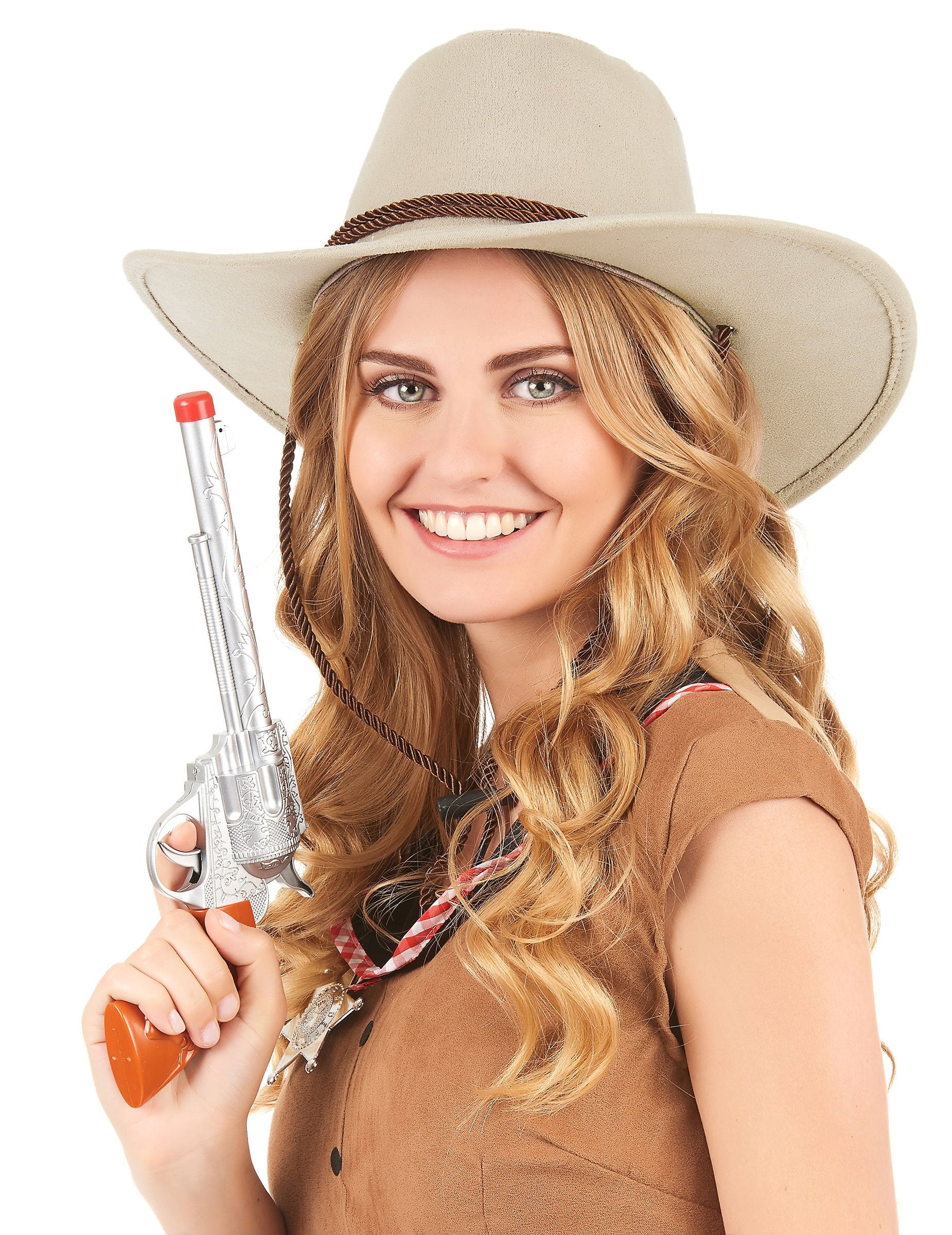 Vue de face portée avec pistolet du chapeau de cowboy luxe pour adulte